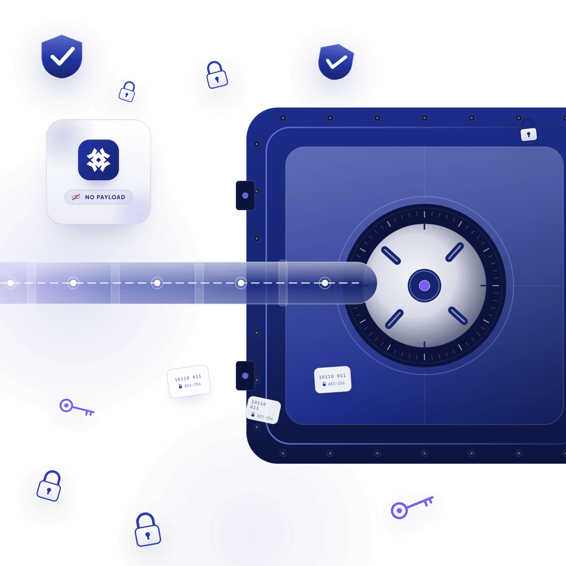 A Kabaido vault illustration - sealed safe with combination dial, an AES-256 encrypted channel piping in, shield checks, padlocks and a 'no payload' badge orbiting around it.