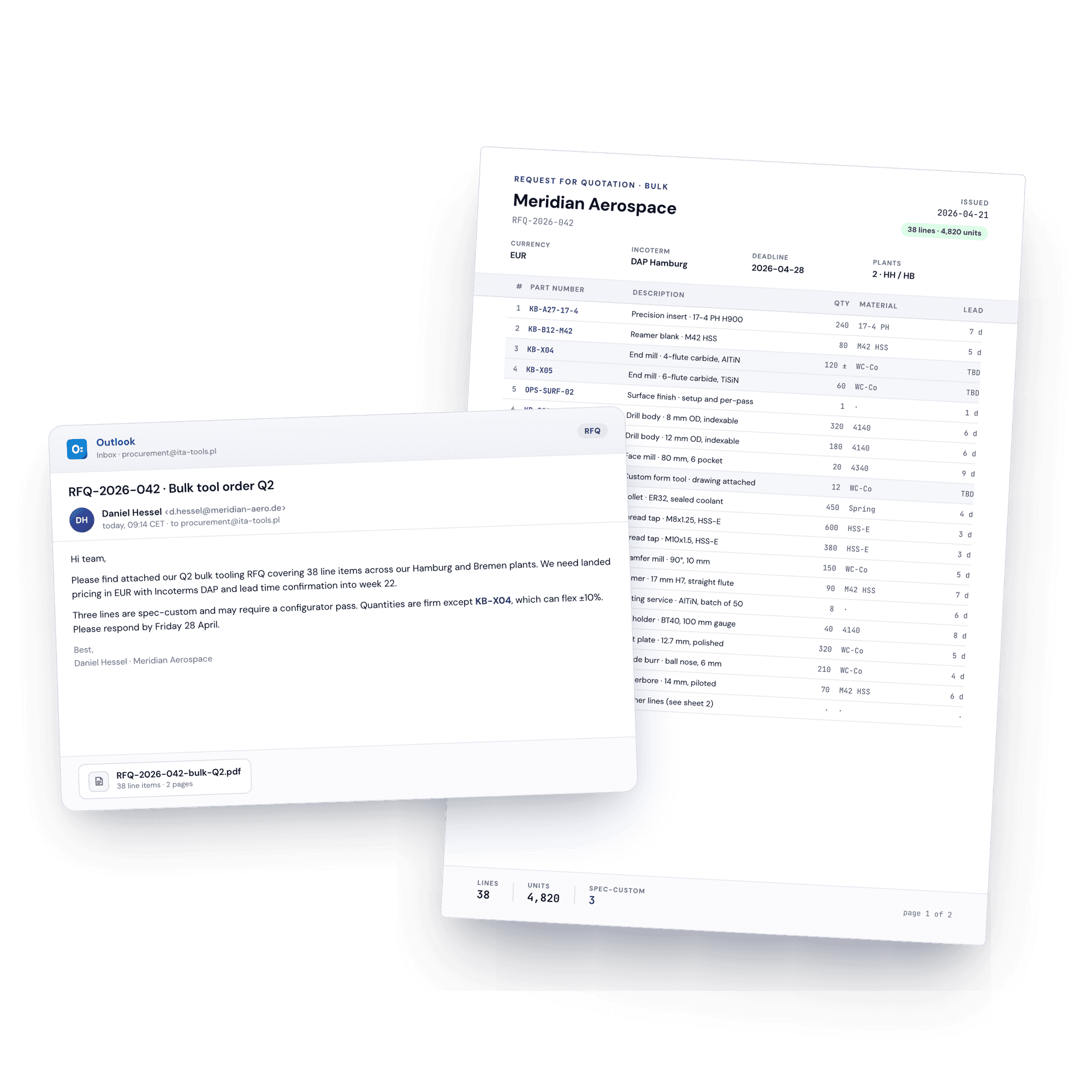 An inbound Outlook email forwarding RFQ-2026-042 from Meridian Aerospace alongside the original RFQ document.