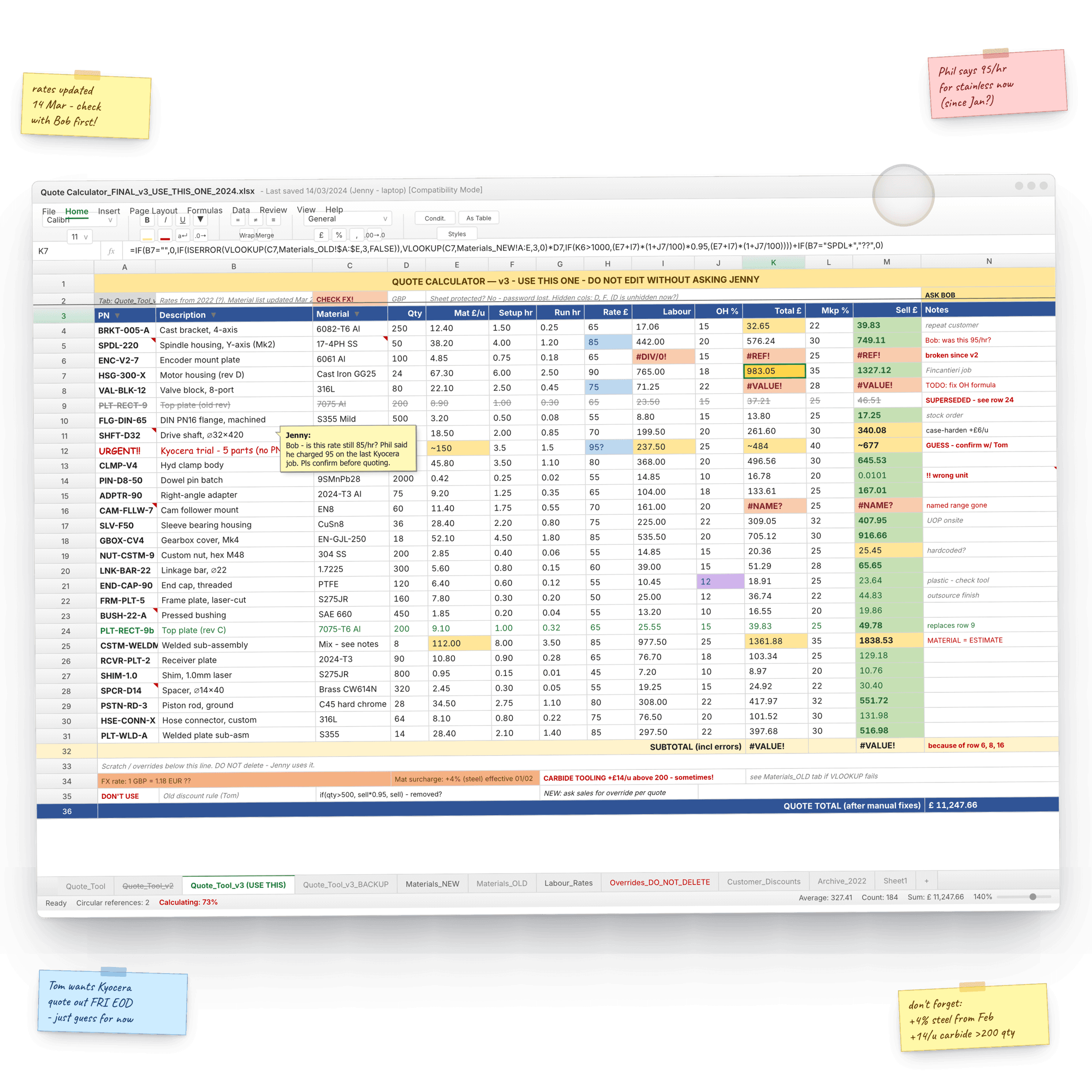 A tangled Quote Calculator spreadsheet with broken formulas, #REF! errors, sticky notes and conflicting overrides across multiple tabs.