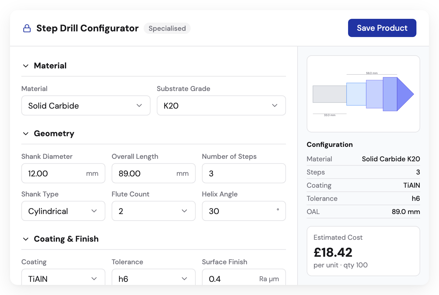 Kabaido product configurator interface with material selection, dimension inputs, and live price preview