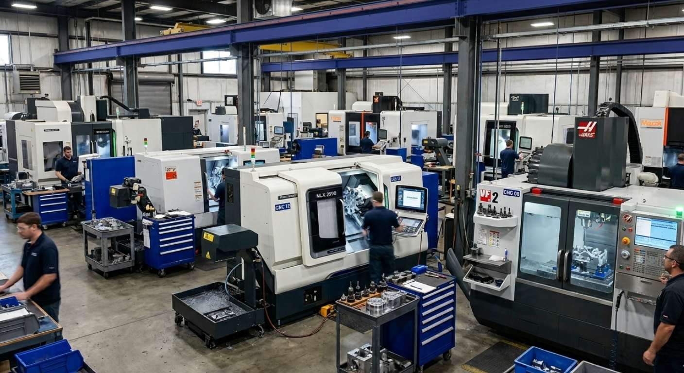 Job shop floor with multiple CNC machines running in a high-mix manufacturing environment
