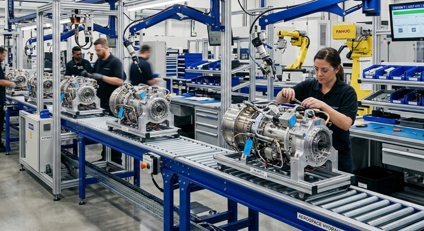 Industrial assemblies and engineered components on a precision manufacturing production line