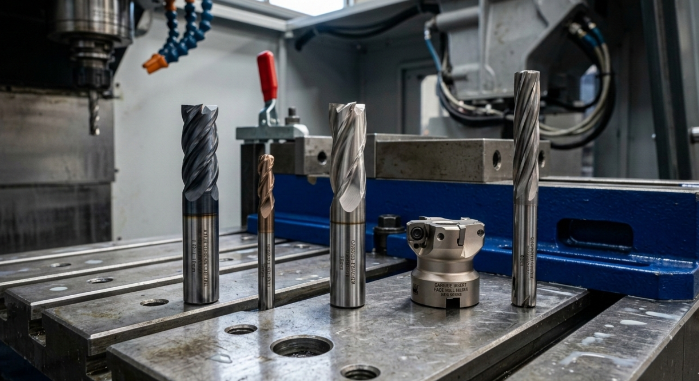 Precision cutting tools and carbide inserts arranged on a CNC machine bed